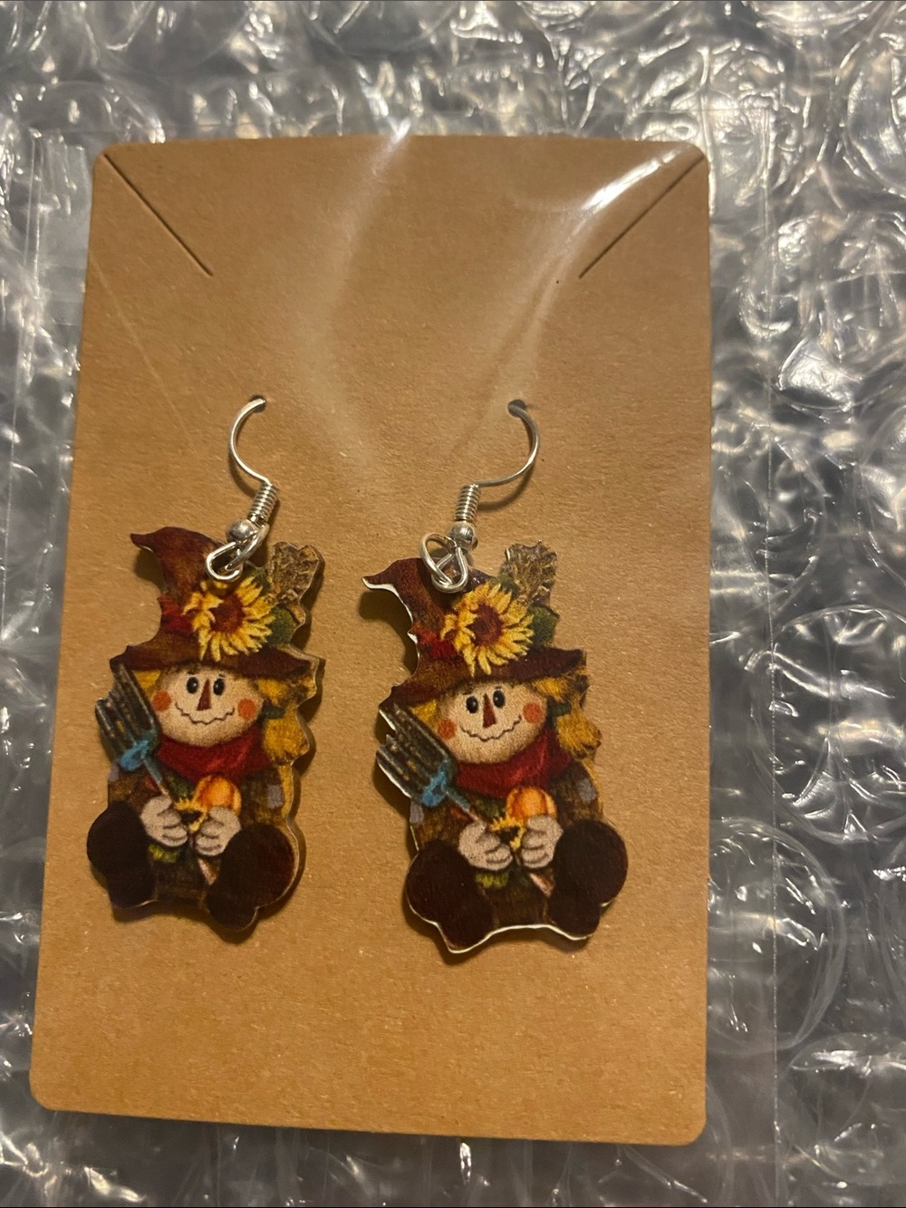 Autumn Scarecrow Wooden Dangle Earrings - Brown